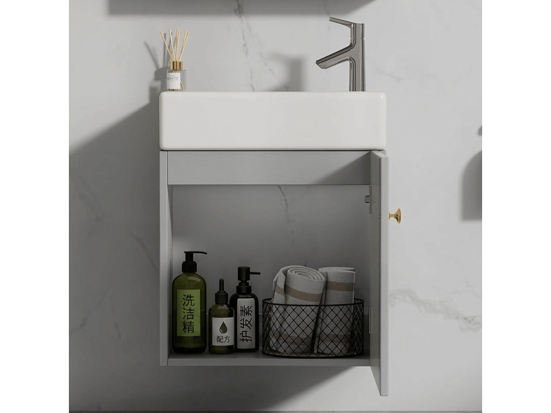  Meuble de salle de bain 46 cm avec vasque en céramique gris et blanc  - Conforama D