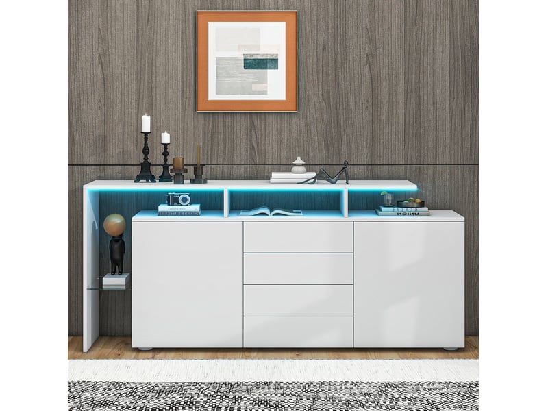  Sideboard tv led 160x35x70 cm 2 portes 4 tiroirs panneau de particules blanc  - Conforama C