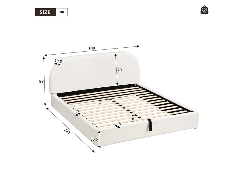  Lit rembourré coffre hydraulique 160x200 cm avec tête de lit capitonnée et rangement-sommier à lattes-bouclé beige  - Conforama C