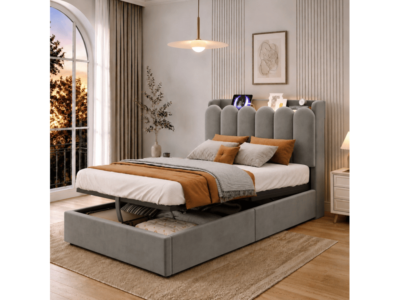 Lit enfant 90 × 200 cm avec coffre hydraulique, tête de lit rembourrée, lampe de lecture, usb et type-c pour chambre - Conforama D