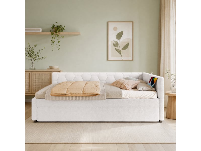 Lit banquette avec lit gigogne, sommier à lattes, lampe de chevet et ports de charge usb et type c, bouclette blanc, 90 x 200 cm - Conforama B