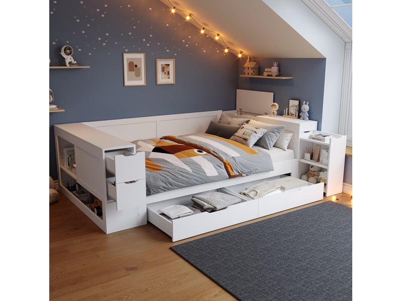  Lit enfant multi 140x190cm, pour chambre, lit 2 place tiroirs, espace de rangement, sommier, en mdf coloris blanc, sans matelas  - Conforama E