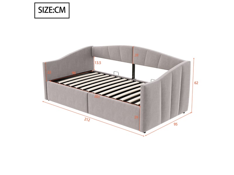 Lit coffre tcqpz 90 x 200 cm avec rangement hydraulique, sommier à lattes, accoudoirs, velours gris clair  - Conforama C