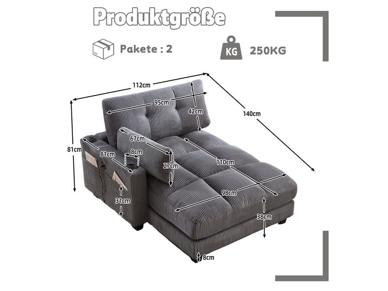  Canapé en velours côtelé gris avec porte-gobelets, poche latérale et tiroir intégré, 140x112x81 cm  - Conforama C