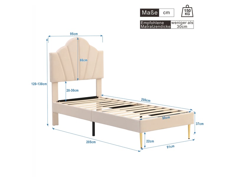  Lit capitonné en velours, 90 x 200 cm, lit en forme de coquillage avec pieds en fer doré, tête de lit réglable en hauteur, sommier à lattes en bois, avec banquette capitonnée et espace de rangement, beige  - Conforama C