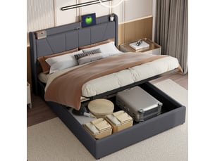 Lit coffre 2 places 160x200 cm, lit adulte double avec rangement, 2 ports usb et 1 type-c, design simple, lin gris