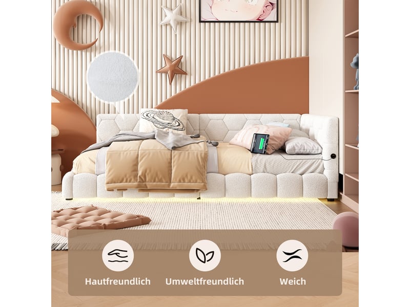  Lit de jour 90x200 canapé lit blanc velours avec lumière led et port usb type-c  - Conforama E