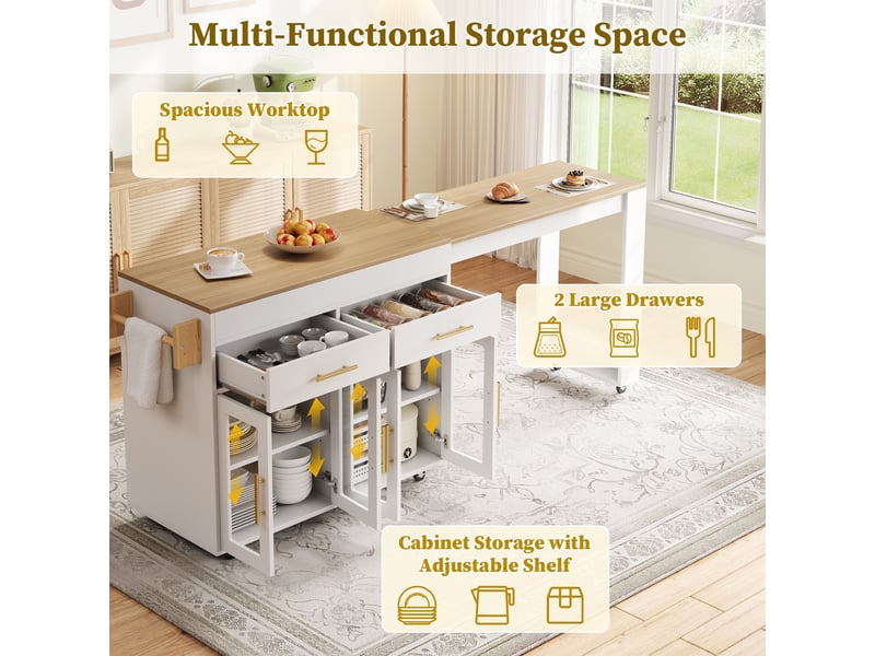  Desserte de cuisine mobile 132,5-217x50x93 cm, table bar extensible, roulettes, portes vitrées, tiroirs, rangement cuisine - blanc  - Conforama D