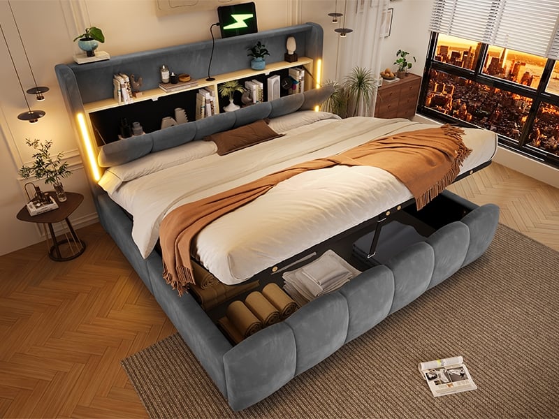 Lit double 180x200cm, avec led, tête rangement, coffre hydraulique, ports usb et type-c, velours gris - Conforama B