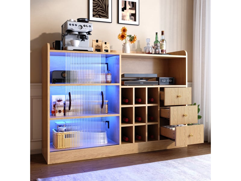  Buffet bar 120 cm avec casiers à bouteilles, meuble à vin rétro avec 2 portes coulissantes en verre translucide, tiroirs, niches et led via appli Seren Glow - Conforama D