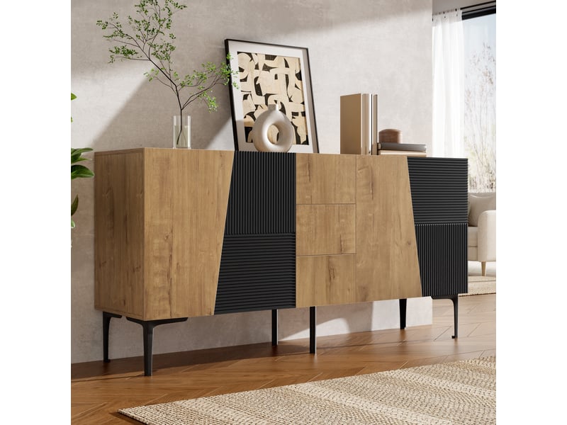  Buffet de cuisine - 160x40x80 cm - sideboard avec 4 portes, 3 tiroirs et pieds en métal - bois et noir  - Conforama C