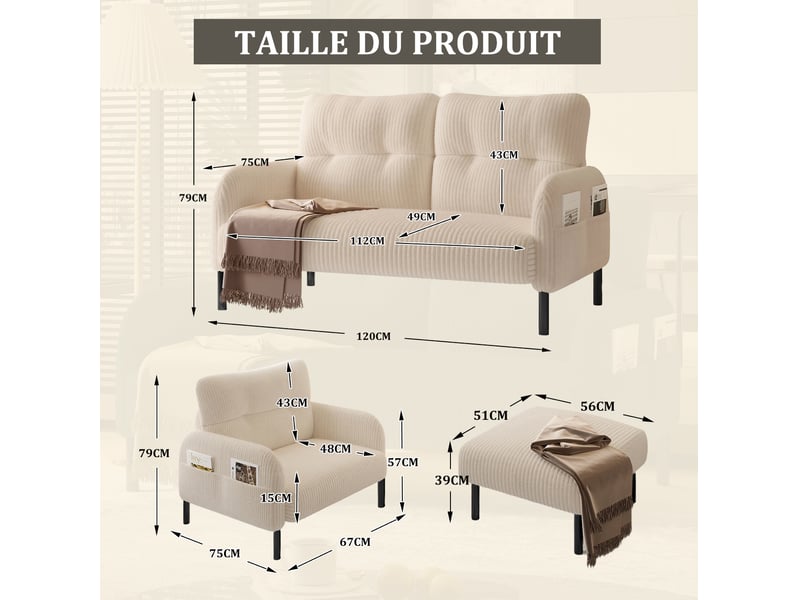  Ensemble de canapés 2 places avec fauteuil et repose-pieds, pochette latérale, dossier, pour le salon, velours, beige  - Conforama C