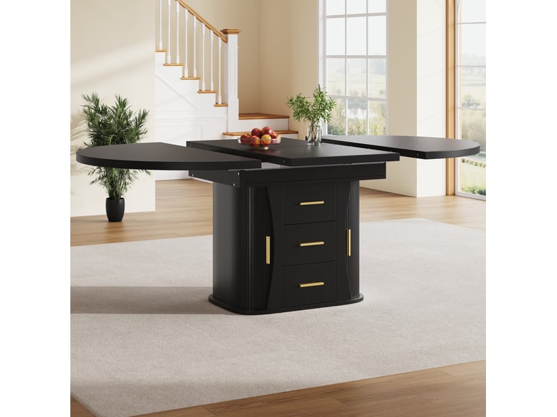 Table de salle à manger extensible ronde noire en mdf, 118 à 158 cm, jusqu’à 6 personnes et rangement intégré  - Conforama B
