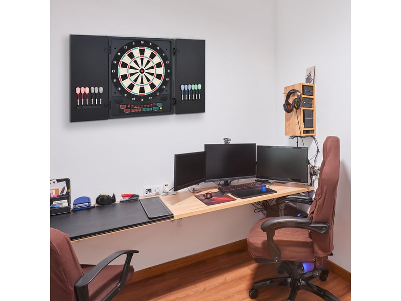  Cible de fléchettes électronique max 8 joueurs, 12 fléchettes et 30 pointes, écran led, portes. 27 jeux, 202 variantes, 51 x 6,5 x 57 cm, noir  - Conforama D