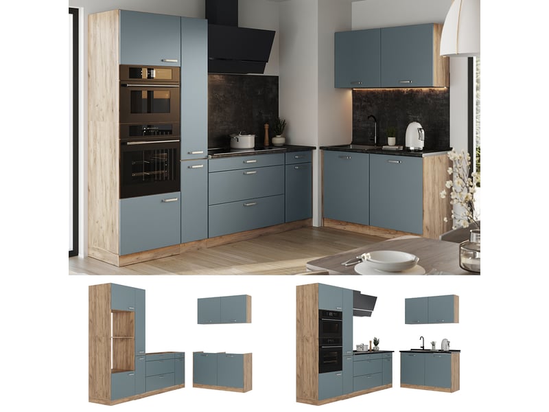  Vicco cuisine en angle, bleu-grischêne doré, 230 x 120 cm plan de travail anthracite  - Conforama D
