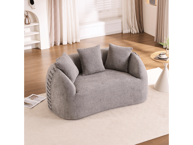  Canapé compressé 2 places 155x90x67 cm sans montage, sans structure, accoudoirs avec lacets, 2 coussins, mousse, tissu chenille gris clair  - Conforama C