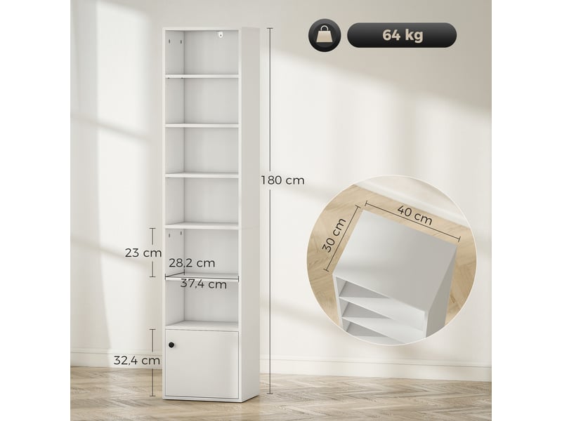  Bibliothèque à 7 niveaux, style moderne, avec étagères ouvertes et porte, 40 x 30 x 180 cm, blanche  - Conforama E