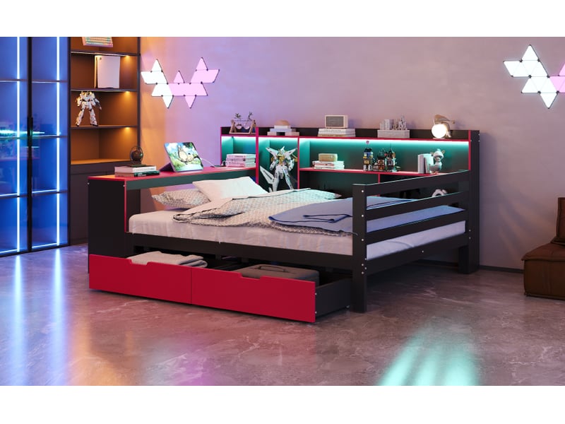  Canapé-lit 140x200 cm avec led et prises électriques, lit double avec bureau et tiroirs, coloris noir et rouge, lit 2 personnes  - Conforama W