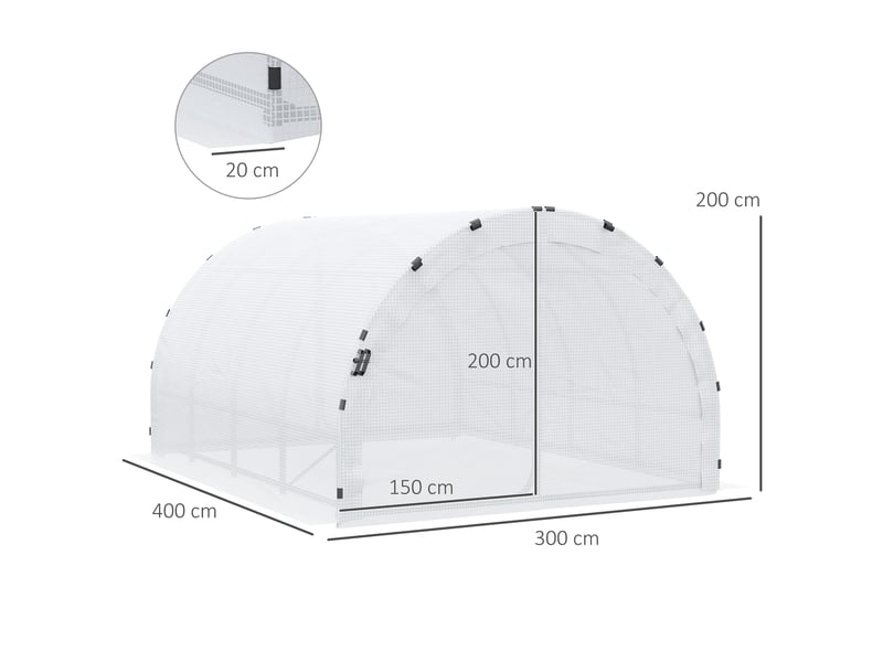  Serre de jardin tunnel surface sol 12 m² 4l x 3l x 2h m châssis tubulaire renforcé 25 mm double porte avec poignées blanc  - Conforama E