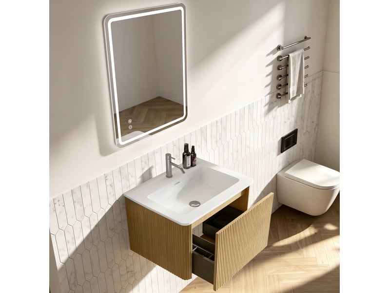  Meuble vasque suspendu 61 cm avec miroir led 60 x 80 cm, coloris chêne, 1 tiroir  - Conforama E
