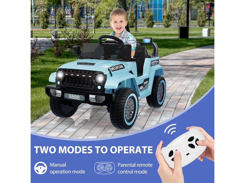  Voiture électrique pour enfant 12 v, télécommande parentale, 2 moteurs, 6,5 kmh, led, ceinture de sécurité – bleu PTO_0YTDFWBN - Conforama E
