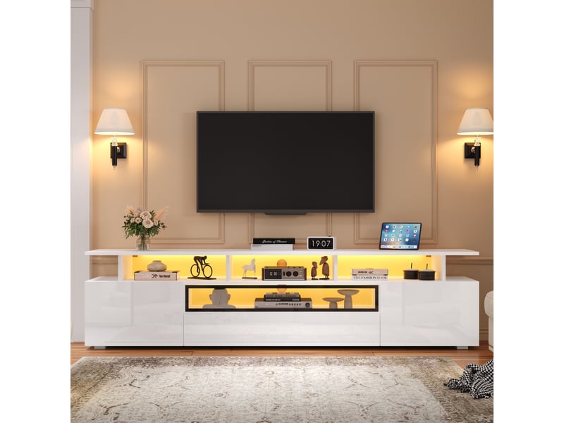  Meuble tv 180x38x45cm, lowboard avec led et 10 étagères, meuble tv haut brillance avec 2 armoires et 1 tiroir, meuble de salon  - Conforama D