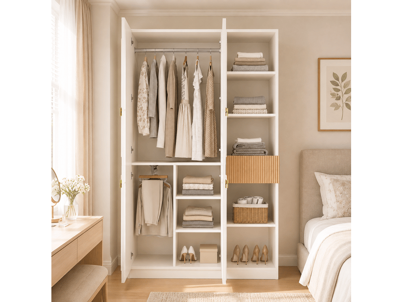  Armoire 135x50x200 cm avec 2 tringles et 8 espaces de rangement blanc et bois  - Conforama D