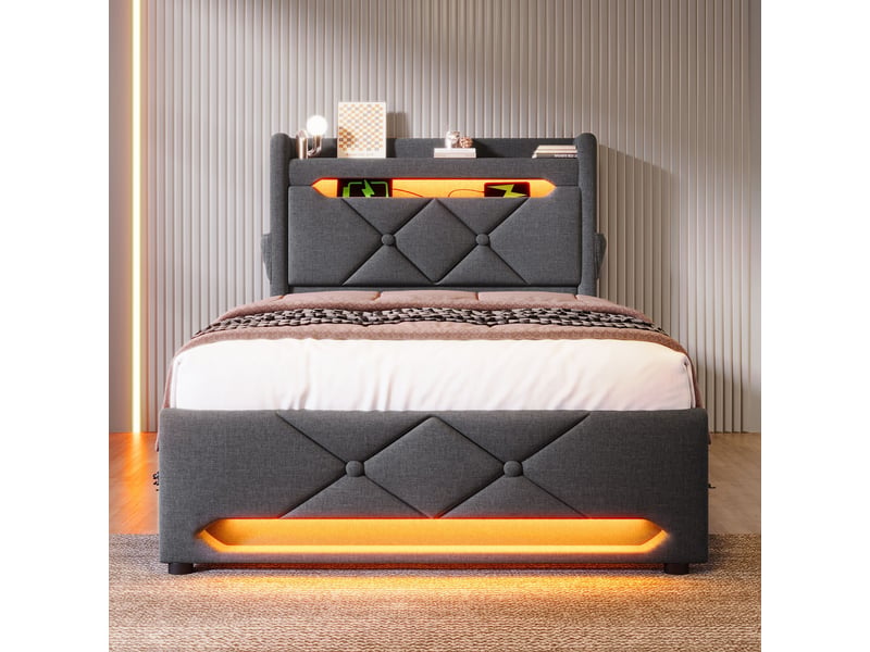  Lit coffre 90x200 cm rembourré, rangement hydraulique, led 360°, usb et type-c, tête de lit avec rangement, lin gris  - Conforama B