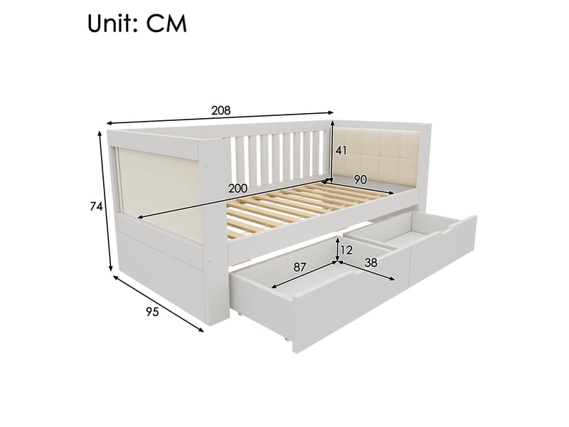 Lit banquette 90 × 200 cm blanc en bois, 2 tiroirs et accoudoirs arrondis IKSETERA TRADING LTD - Conforama C
