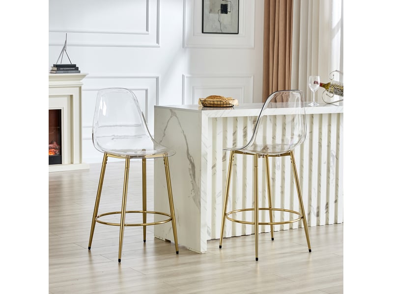  Tabouret de bar transparent 2 pièces avec dossier ergonomique et repose-pieds, en métal et plastique doré  - Conforama C