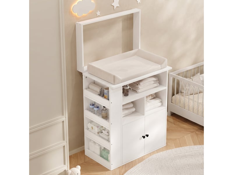  Commode à langer - 82 x 50 x 100 cm - commode à langer avec plan à langer, placard, étagères latérales et porte-revues - blanc  - Conforama D