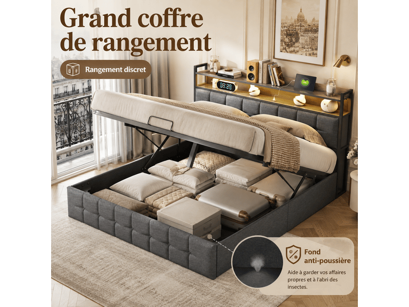  Lit coffre double 160x200cm avec  led et prise usb tpye c - rangement de chevet et tête de lit rembourré- hydraulique - lit adulte 2 personnes - pu - noir - lit capitonné, lit 2 places, cadre de lit, lit ado, sommier à lattes, c…  - Conforama E