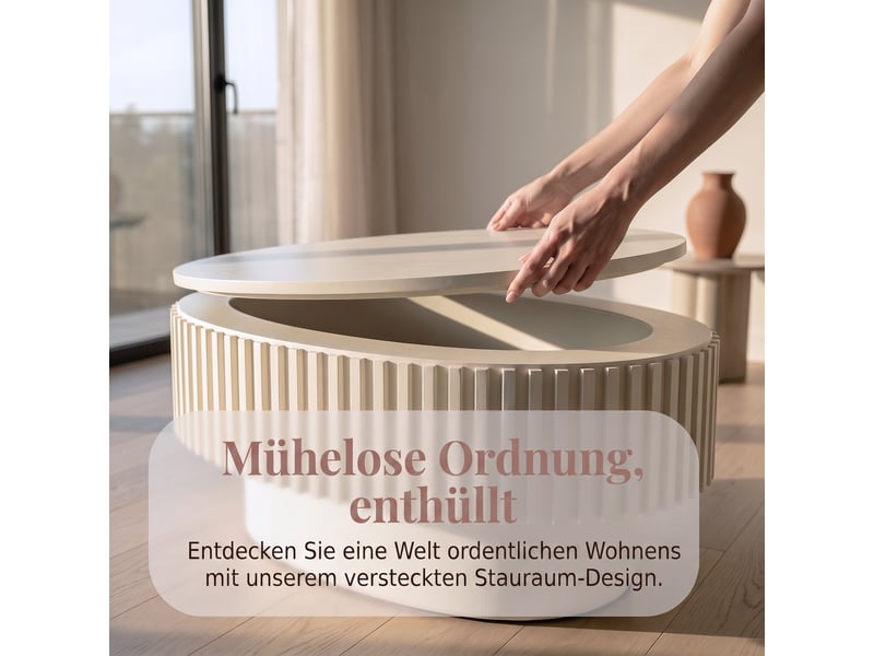  Table basse ovale,98x60x35 cm,avec rangement caché,mdf,crème  - Conforama E