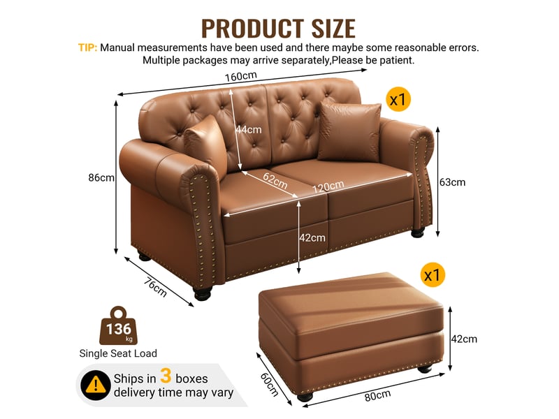  Canapé chesterfield 2 places + 1 pouf en simili cuir marron, 160 cm Fay Lum - Conforama C