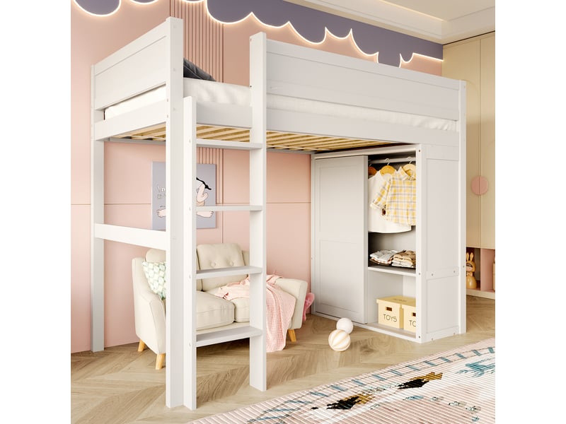  Lit mezzanine 90*200cm avec penderie, rangements, espace ouvert dessous, sans matelas, pin, blanc  - Conforama D