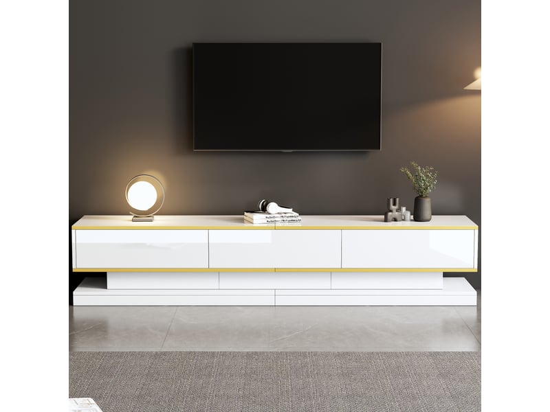  Meuble tv 200 cm blanc brillant, meuble bas avec 3 tiroirs et étagères, 200x40x40 cm, panneau de particules, blanc chaud et or.  - Conforama W