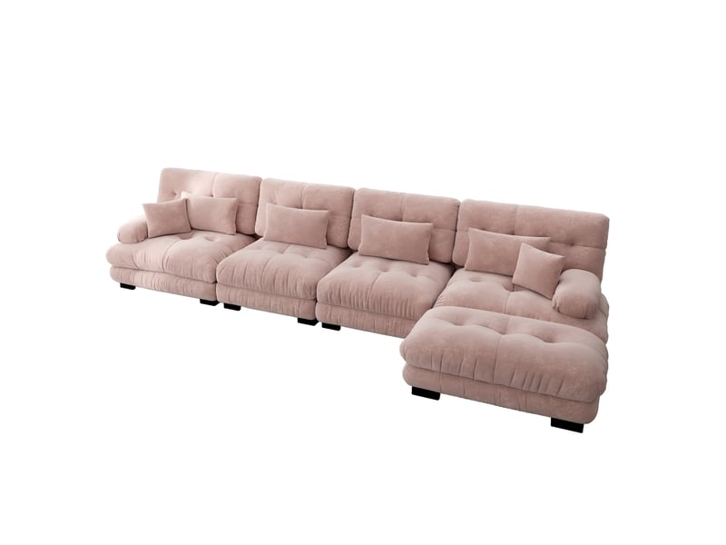  Canapé d’angle modulable 4 places en chenille rose avec ottoman mobile  - Conforama A