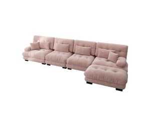 Canapé d’angle modulable 4 places en chenille rose avec ottoman mobile