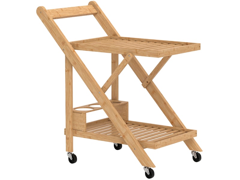  Desserte de cuisine en bambou chariot de service pliable 2 plateaux 4 roues 3 casiers à vin bois naturel 66 x 40 x 70 cm  - Conforama B