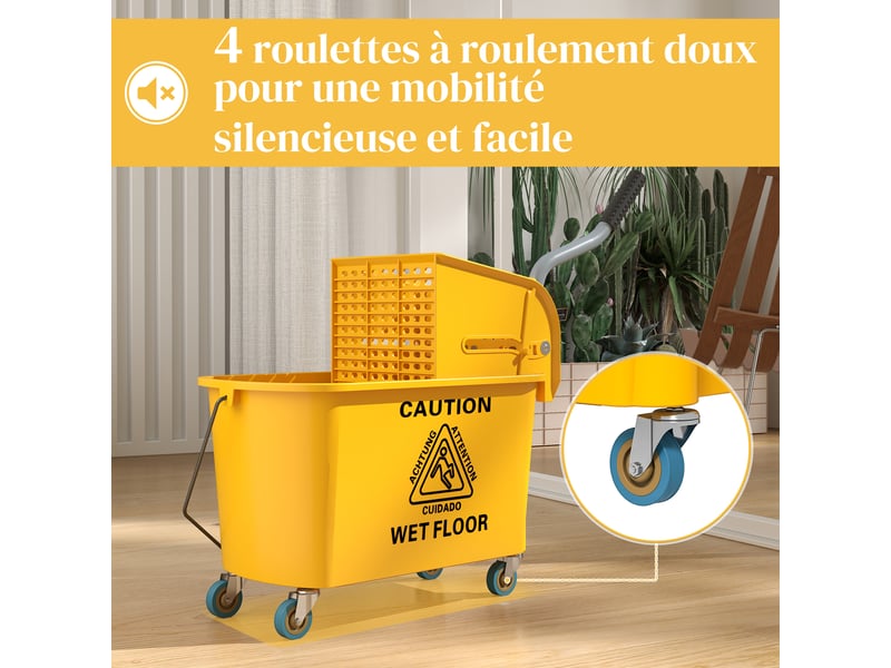  Chariot de ménage chariot de lavage essoreuse latérale seau 20 l, poignée et serpillère, jaune, 45 x 26,5 x 70 cm  - Conforama W