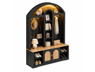 Meuble d'entrée avec 2 portes, étagères ouvertes et crochets pour hall, mdf noir aspect bois, 150 × 40 × 195 cm
