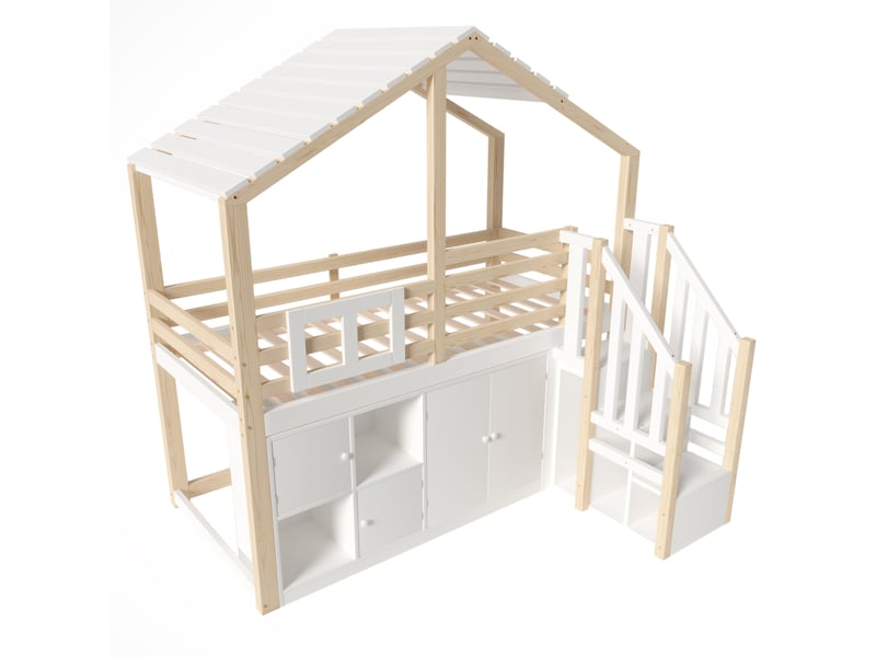  Lit mezzanine blanc et naturel 90 × 200 cm, forme maison, rangements et échelle intégrée  - Conforama E