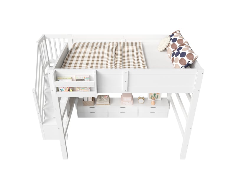 Lit mezzanine 140x200 cm - grand rangement - 6 tiroirs - barrière de sécurité - bois - structure multifonction - pour chambre enfant - blanc CozyNest - Conforama A