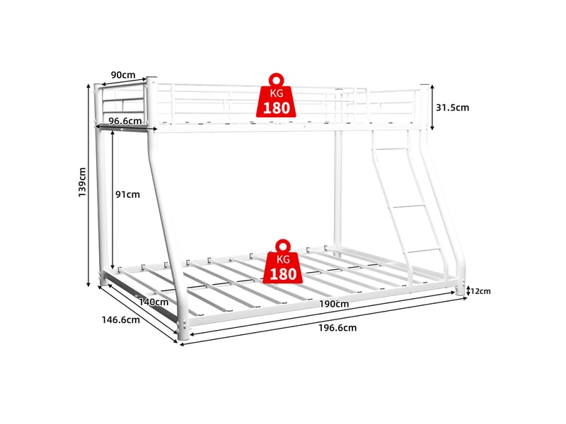  Lit superposé métal - 90x190-140x190cm - échelle inclinée sécurisée - garde-corps 31,5cm - blanc  - Conforama R