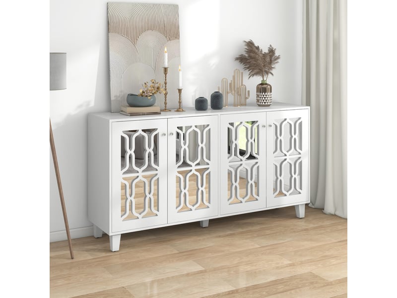  Meuble de cuisine muvano, buffet blanc miroir 4 portes, étagère amovible, 160 × 40 × 84 cm  - Conforama D