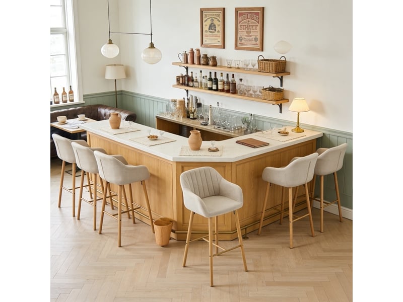  Lot de 6 chaises de bar, siège 75 cm de haut, avec accoudoirs et repose-pieds, pieds en bois massif, beige  - Conforama C