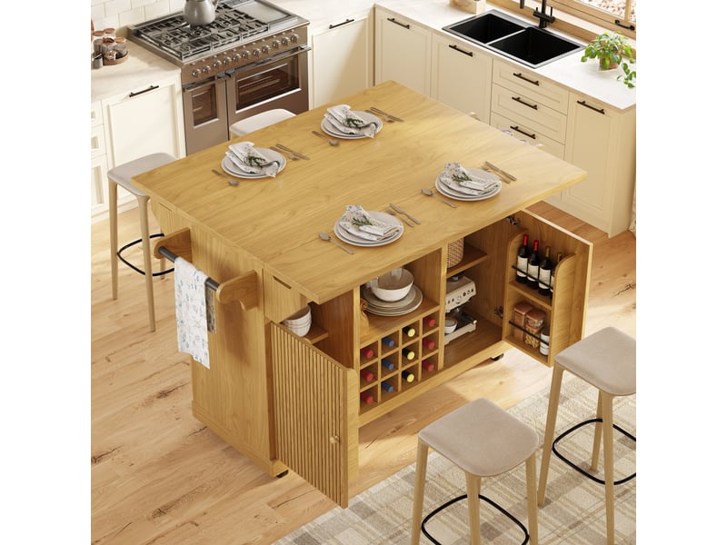 Desserte de cuisine mobile et îlot de cuisine extensible, chariot de service avec porte-bouteilles, hauteur 95 cm, bois naturel - Conforama B