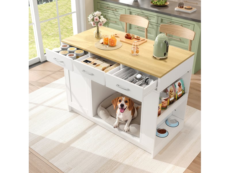 Îlot de cuisine 120x60x90 cm blanc en mdf avec 3 tiroirs et espace animaux - Conforama B