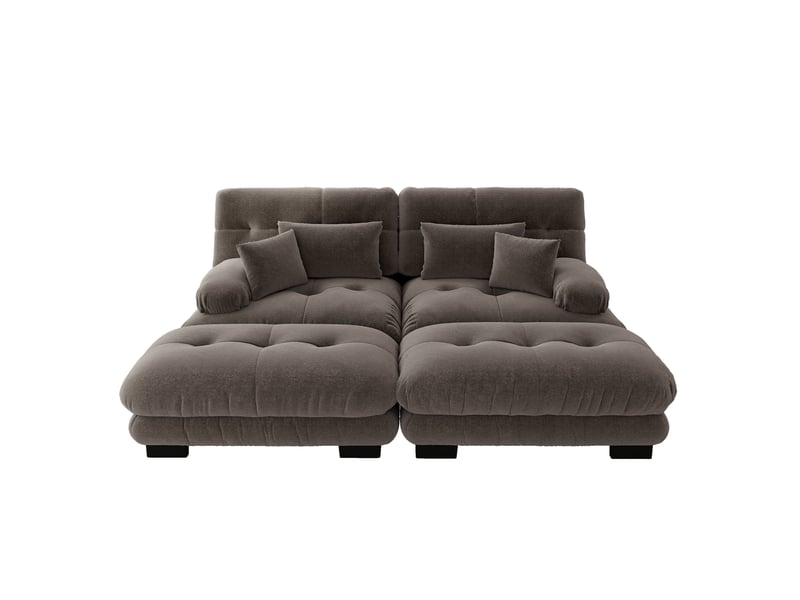 Canapé d'angle modulable en chenille marron avec 2 ottomans et coussins, grand salon contemporain 220x145 cm - Conforama A