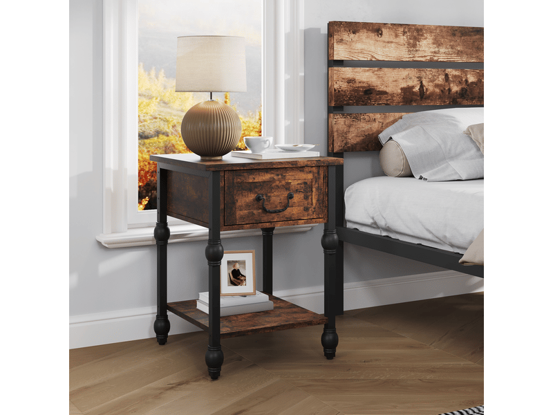  Table d'appoint industrielle tiroir, bout canapé, table chevet carrée, étagère 2 niveaux, mdf métal,  style rétro vintage PHO_15T6NR82 - Conforama C